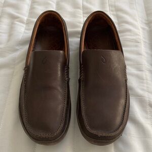 OluKai Dark Brown Leather Slip-On Loafers
